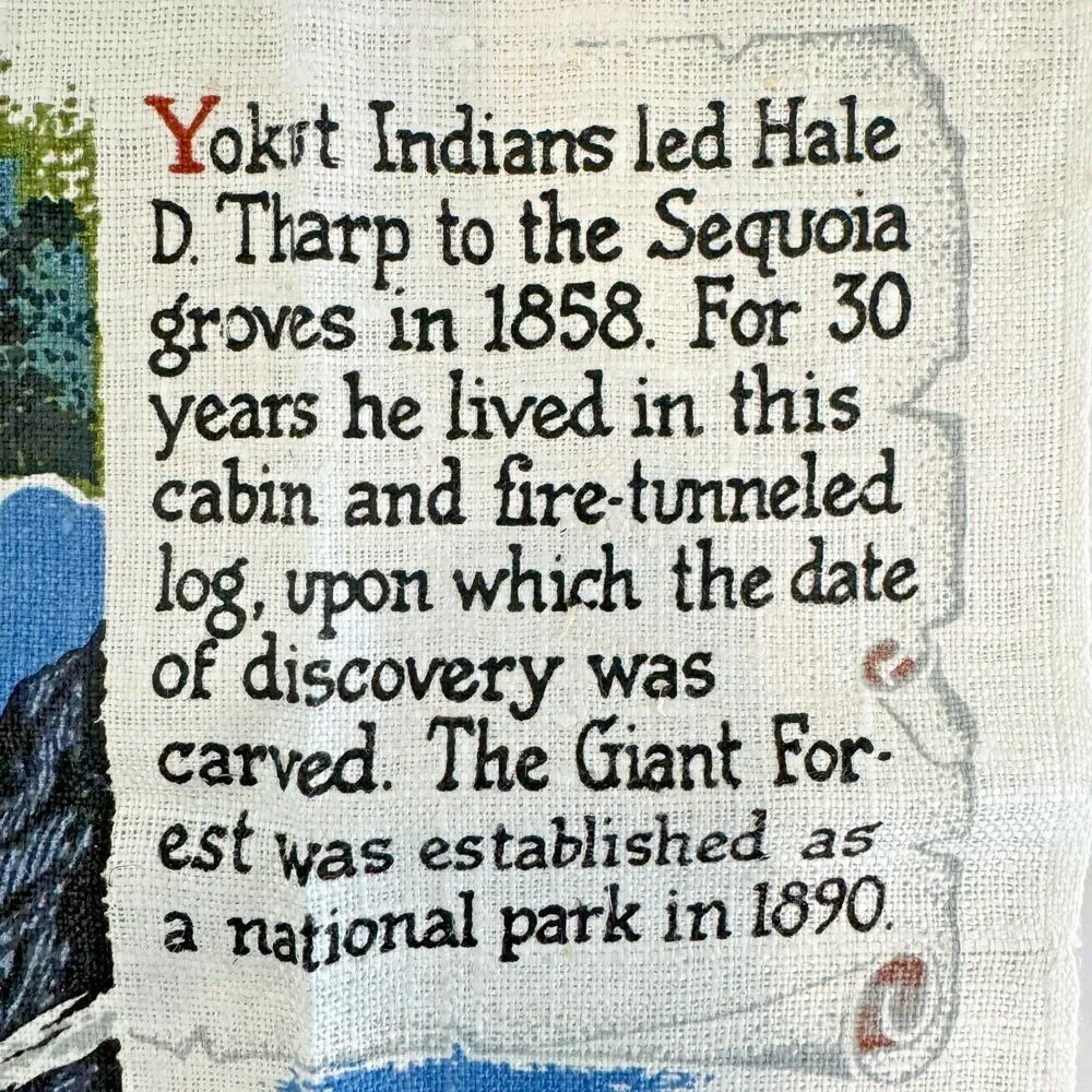 Vintage KayDee Linen‎ Tea Towel Sequoia Nat Park CA Handprint Vintage Souvenir